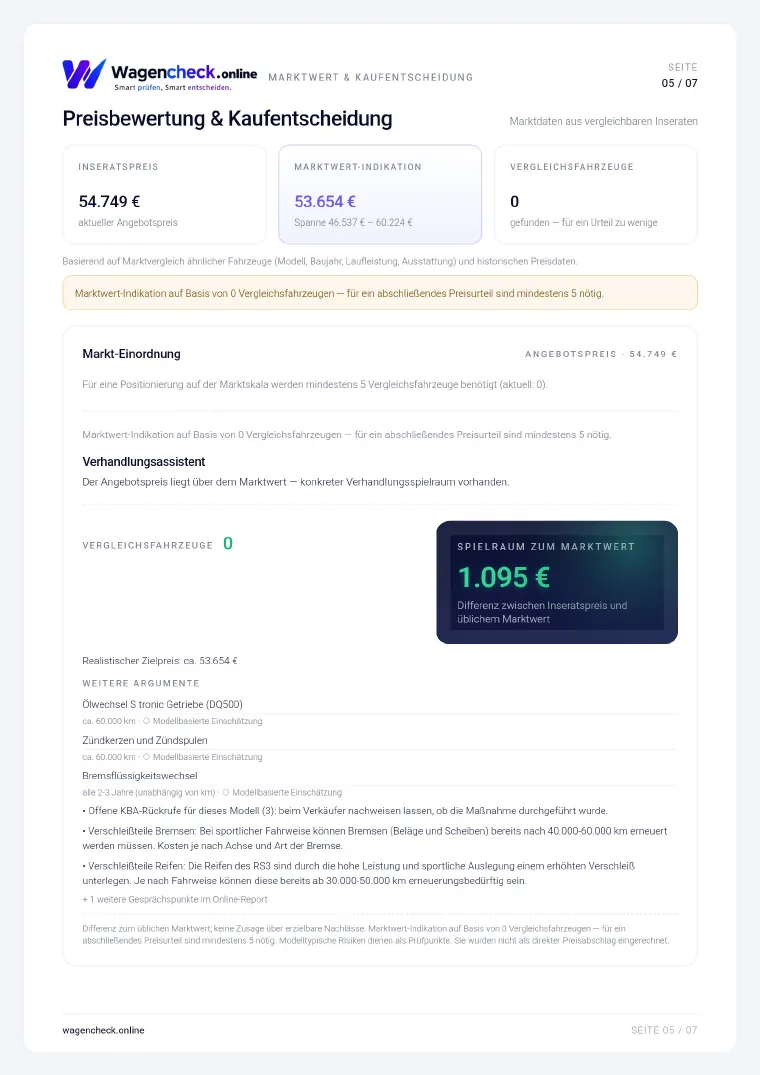 WagenCheck-Bericht Audi RS3 — Seite 5 von 7: Preisbewertung & Kaufentscheidung